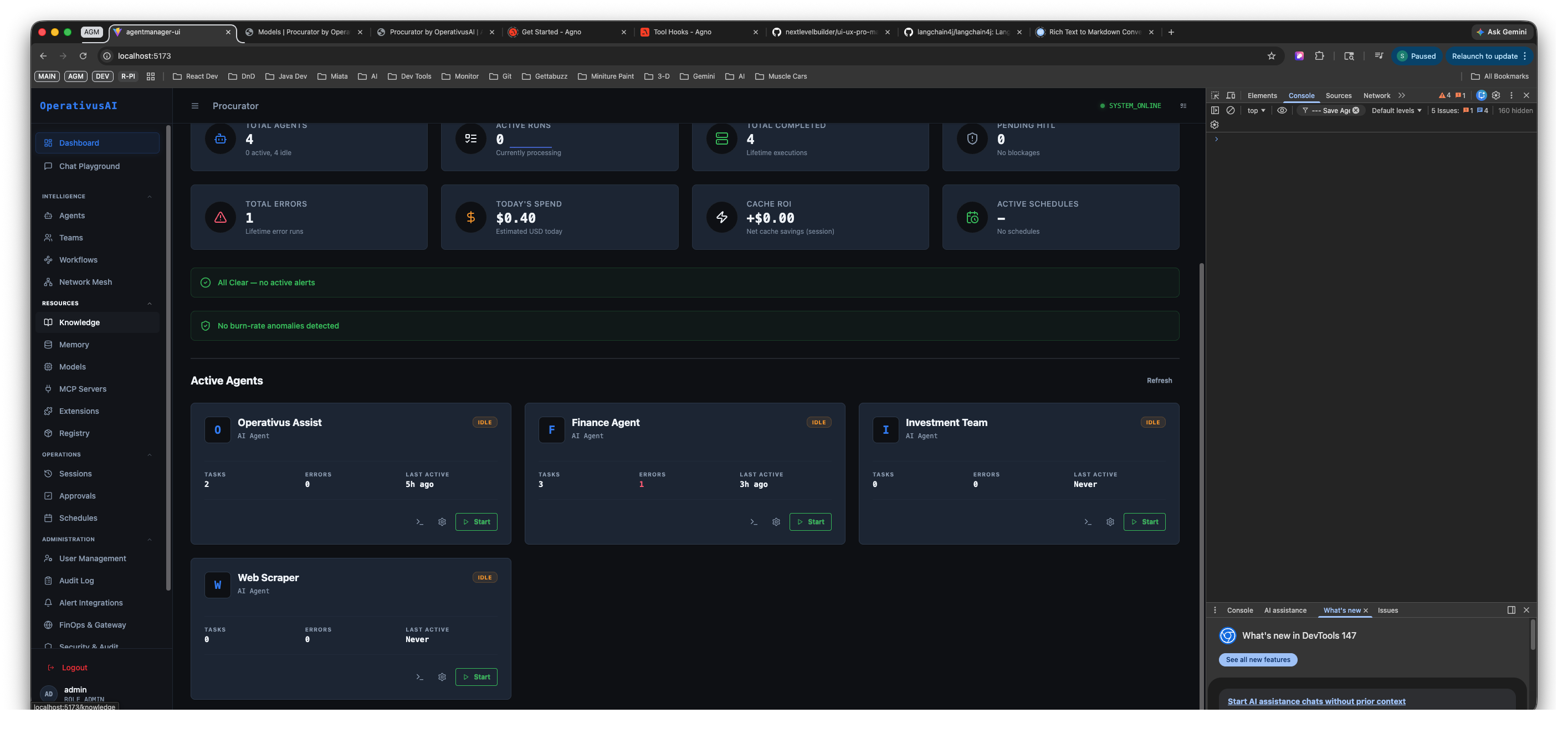 Active Agents section showing four agent cards: Operativus Assist, Finance Agent, Investment Team, and Web Scraper — each with task counts, error counts, last-active timestamp, and a Start button