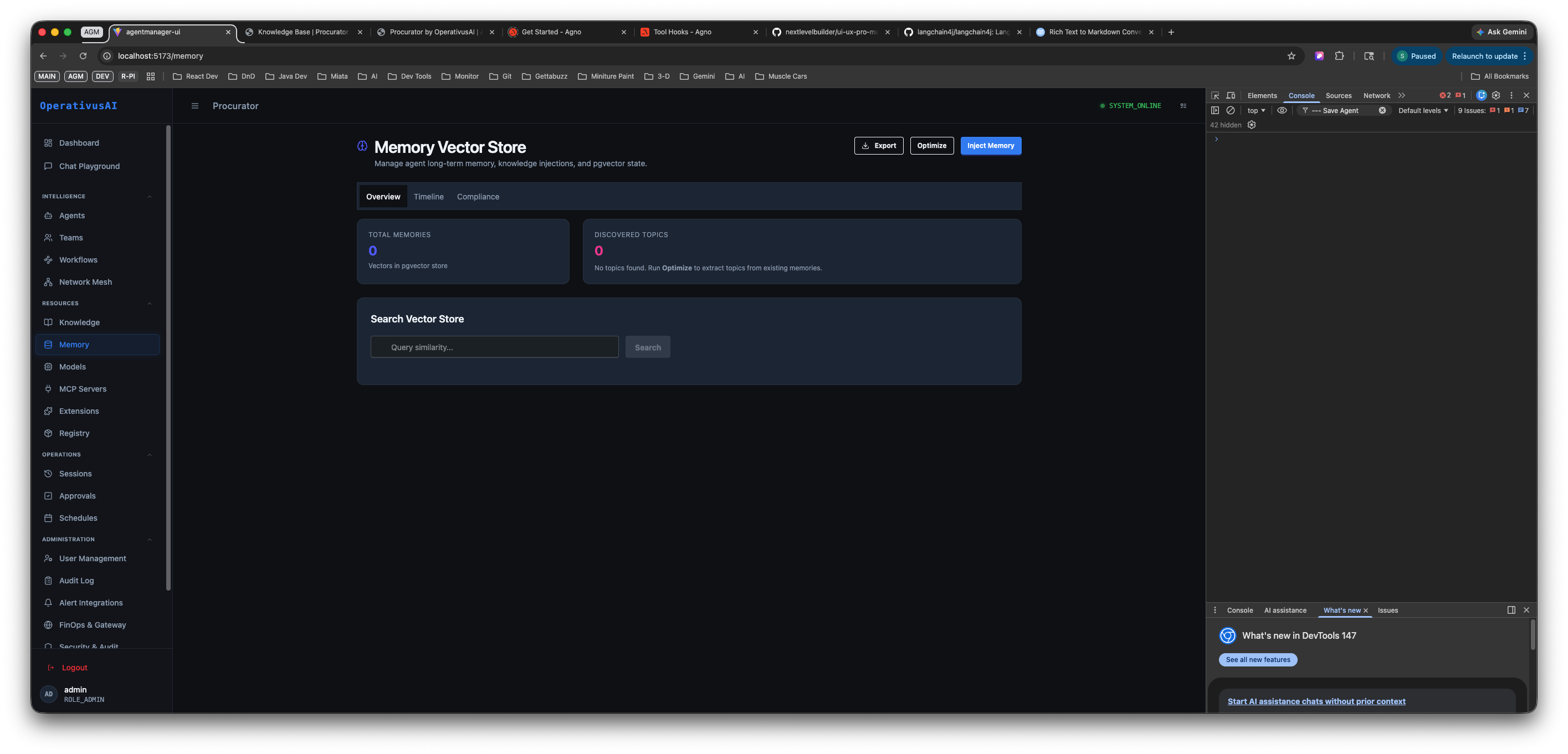 Memory Vector Store Overview tab showing Total Memories and Discovered Topics stat cards, and a Search Vector Store query interface