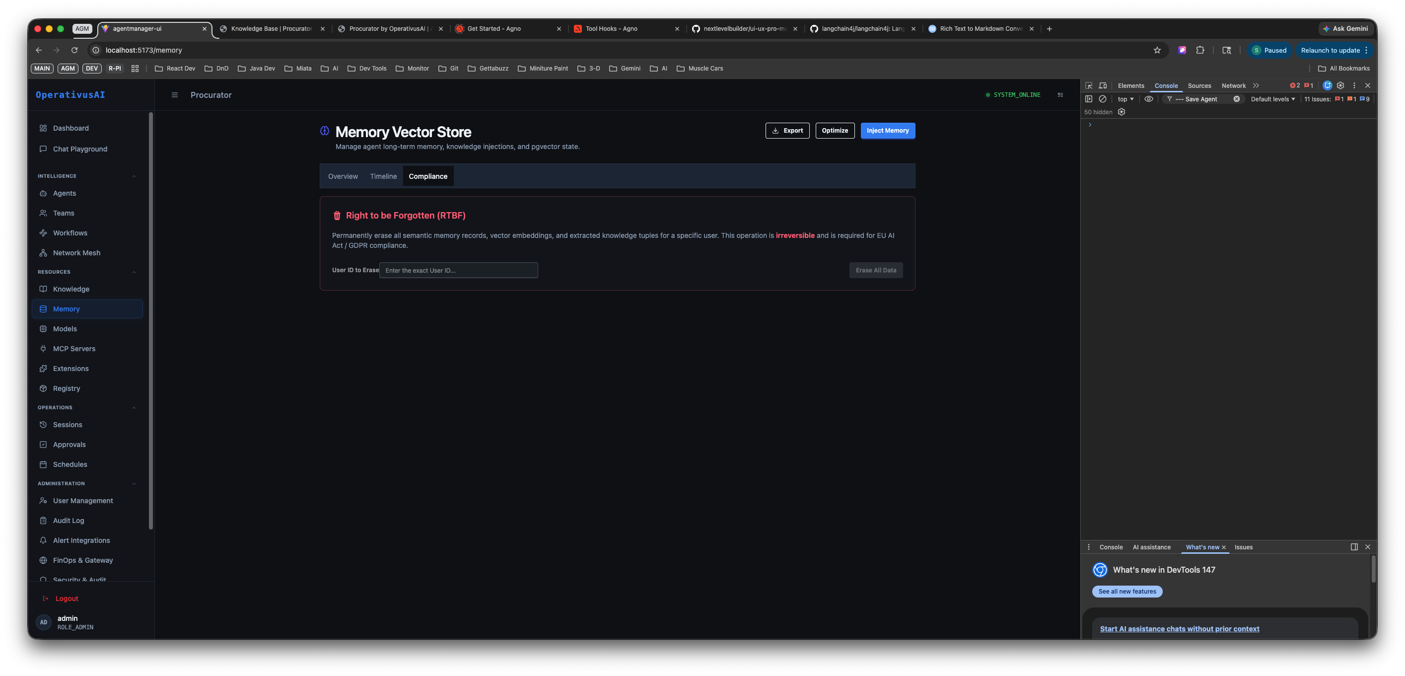 Memory Vector Store Compliance tab showing the Right to be Forgotten section with a User ID to Erase input field and Erase All Data button
