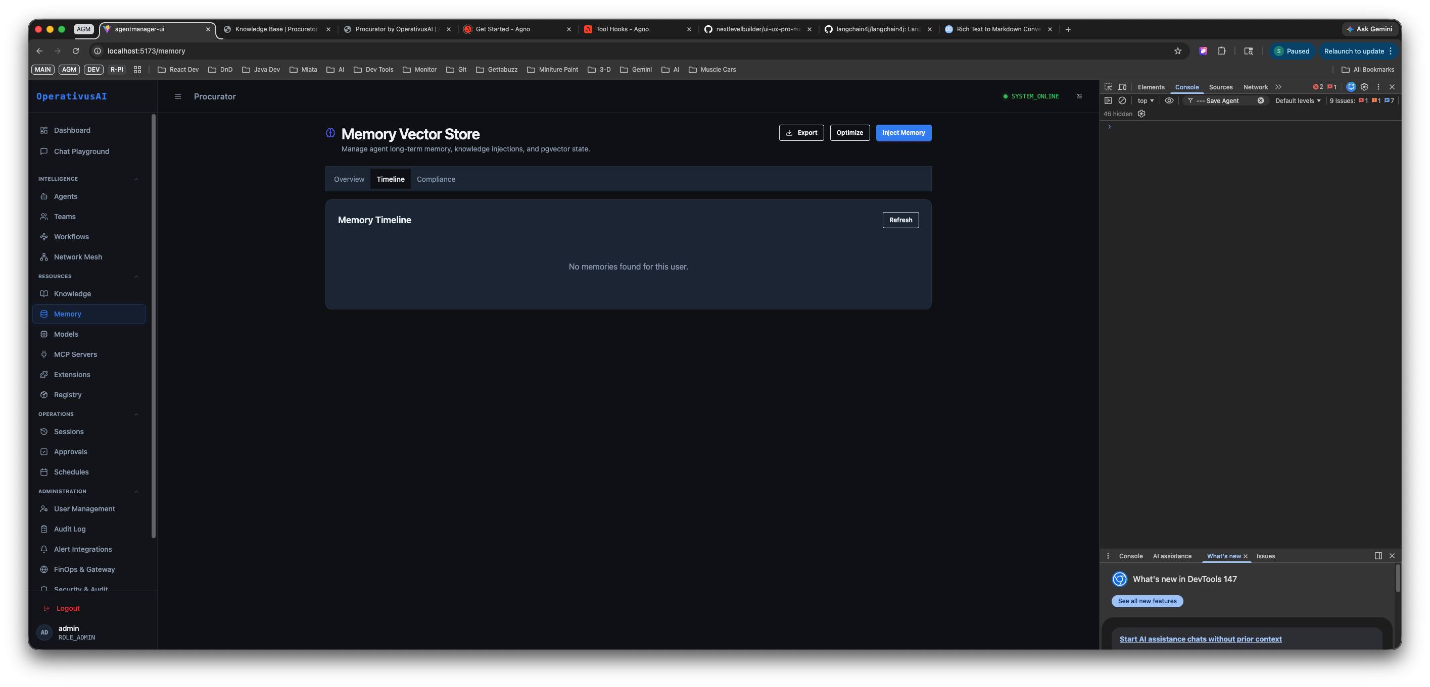 Memory Vector Store Timeline tab showing an empty state with Refresh button and 'No memories found for this user' message