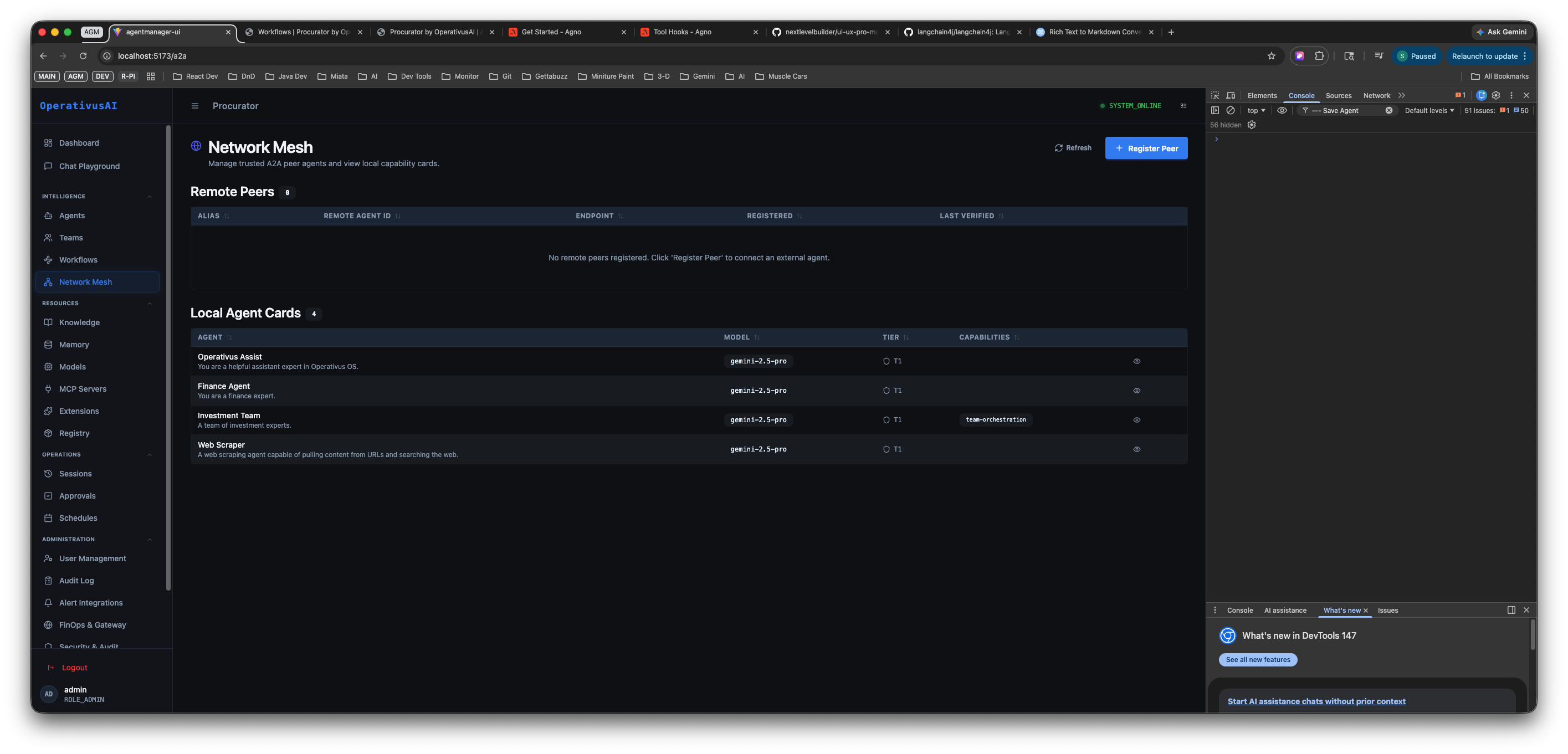 Procurator Network Mesh page showing Remote Peers table (empty) and Local Agent Cards with four registered agents