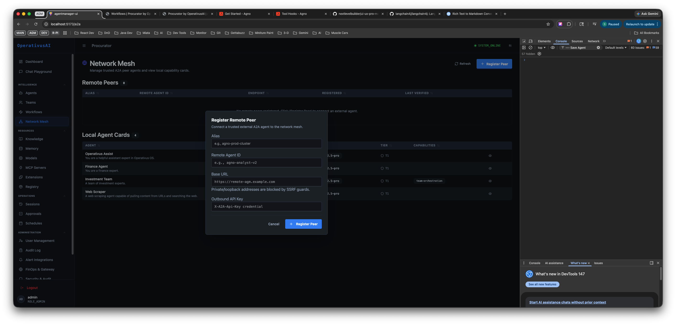 Register Remote Peer modal showing Alias, Remote Agent ID, Base URL, and Outbound API Key fields
