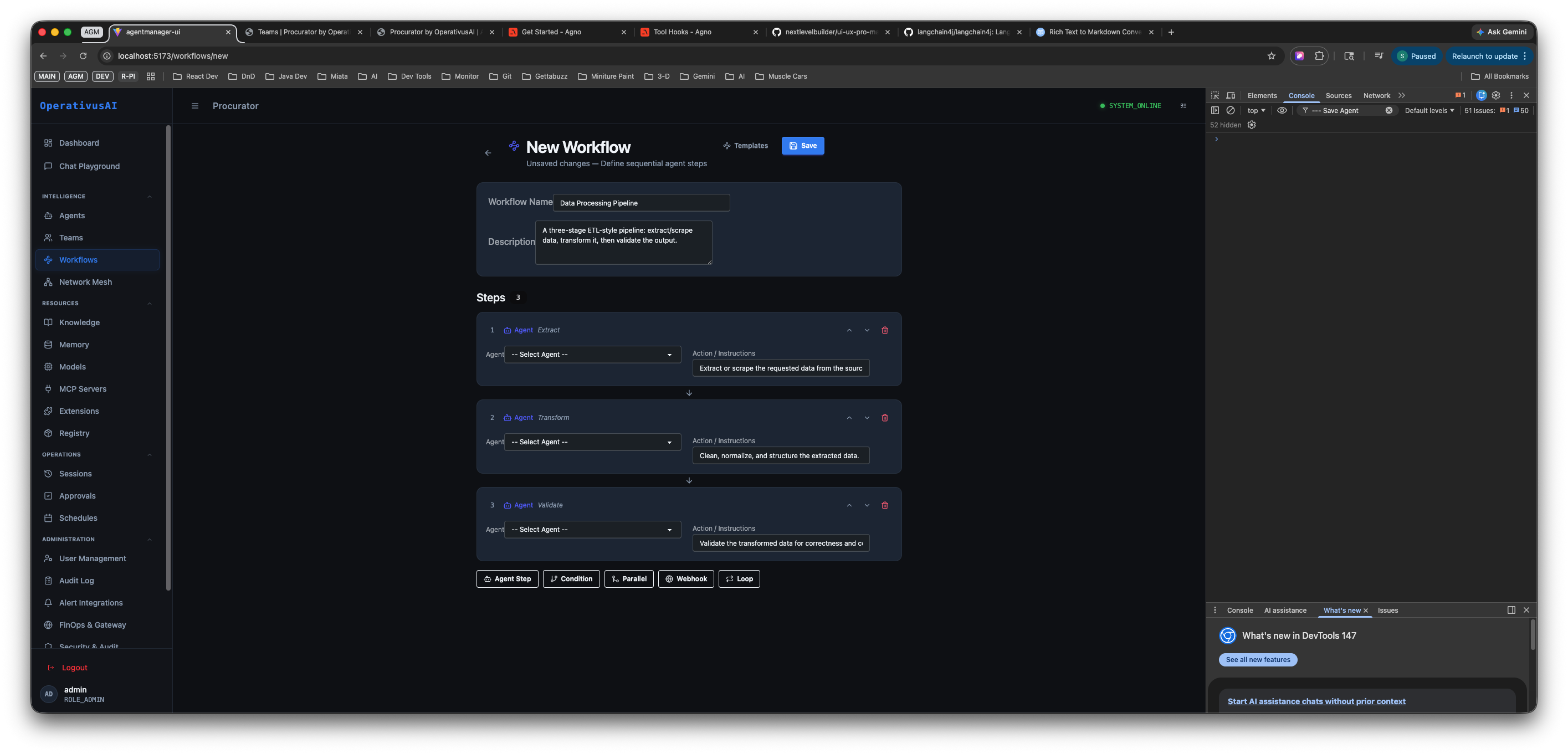 Workflow editor showing sequential agent steps with the step type toolbar